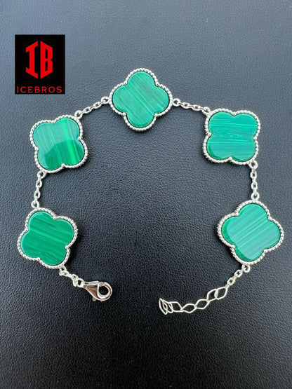 Real 925 Sterling Silver Green Malachite Four Leaf Clover Flower Bracelet 6-7.5inch