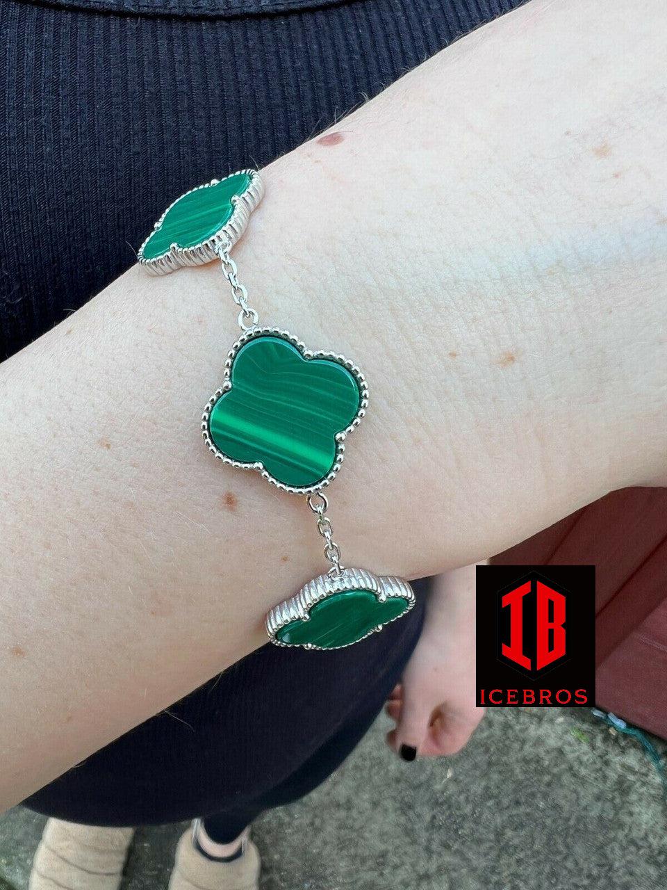 Real 925 Sterling Silver Green Malachite Four Leaf Clover Flower Bracelet 6-7.5inch