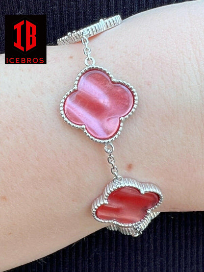 Pink 925 Sterling Silver Pink Mother Of Pearl Leaf Clover Flower Bracelet 6-7.5inch