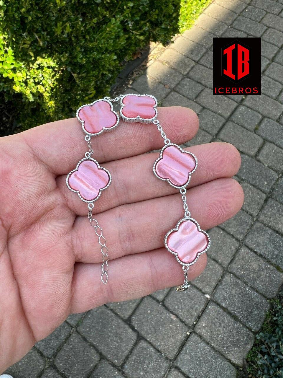 Pink 925 Sterling Silver Pink Mother Of Pearl Leaf Clover Flower Bracelet 6-7.5inch