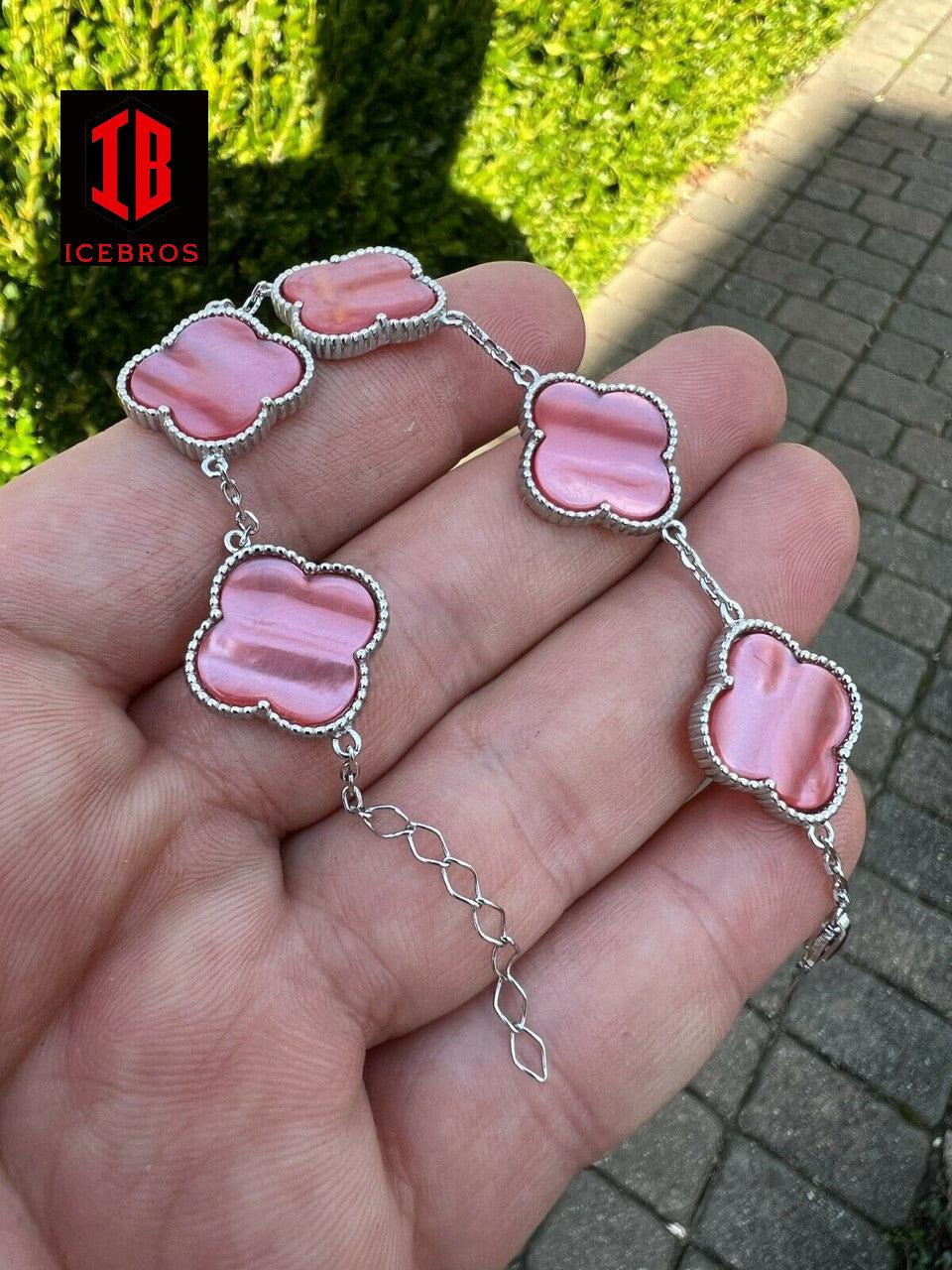 Pink 925 Sterling Silver Pink Mother Of Pearl Leaf Clover Flower Bracelet 6-7.5inch