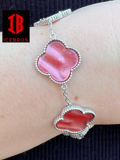 Pink 925 Sterling Silver Pink Mother Of Pearl Leaf Clover Flower Bracelet 6-7.5inch