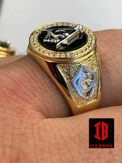 14k Gold & Real Solid 925 Silver Free Mason Masonic G Black Onyx Ring Pinky (CZ)