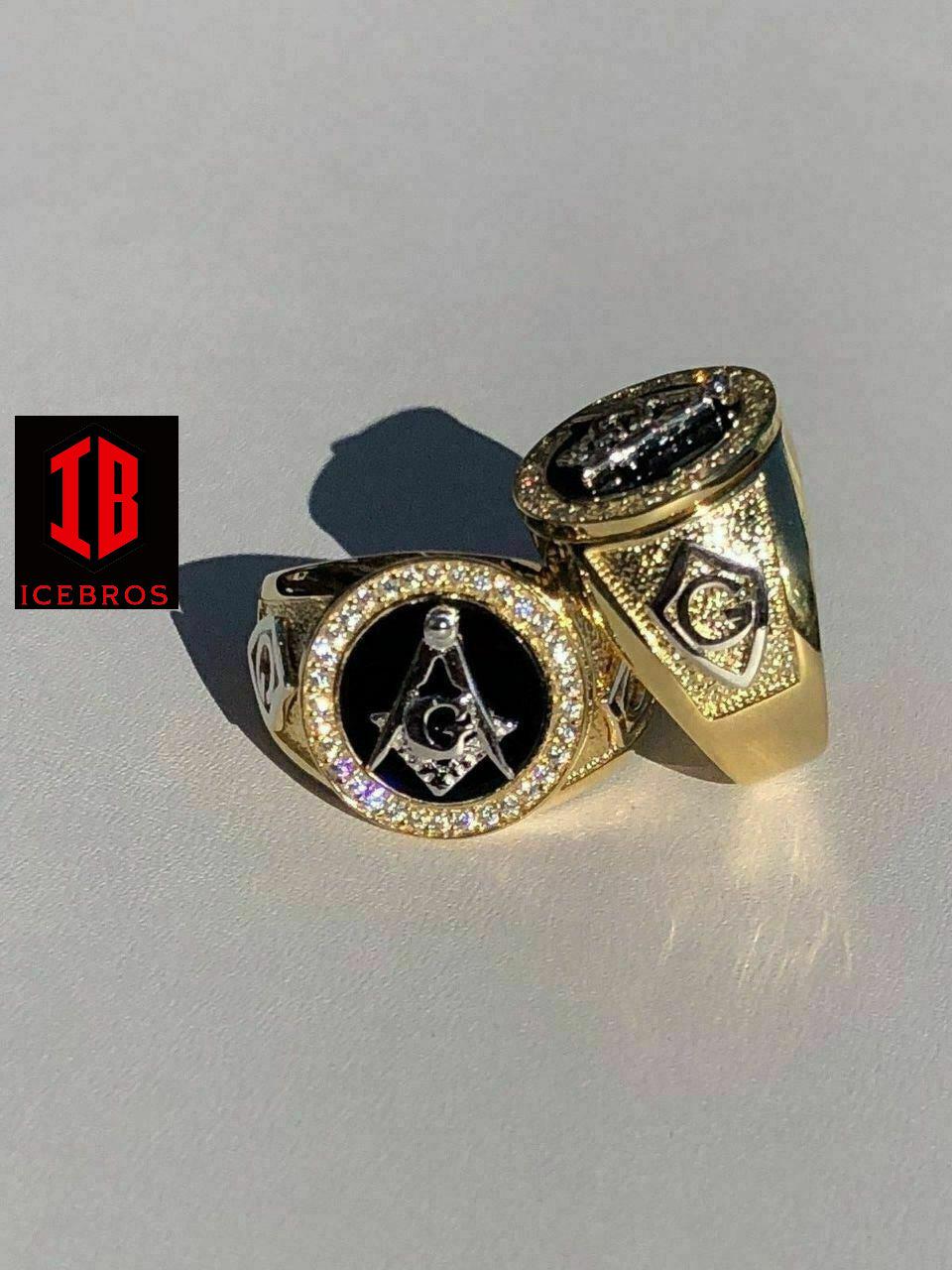 14k Gold & Real Solid 925 Silver Free Mason Masonic G Black Onyx Ring Pinky (CZ)