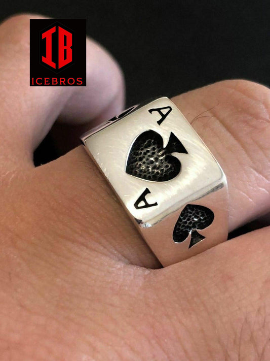 Real 925 Sterling Silver Men Ace Of Spades Ring Lucky Poker Card Hand Size 7-13