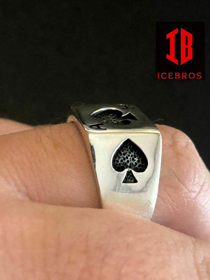 Real 925 Sterling Silver Men Ace Of Spades Ring Lucky Poker Card Hand Size 7-13