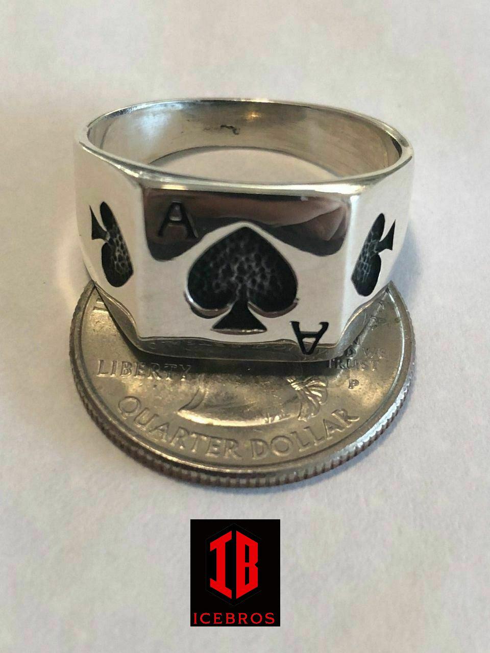 Real 925 Sterling Silver Men Ace Of Spades Ring Lucky Poker Card Hand Size 7-13