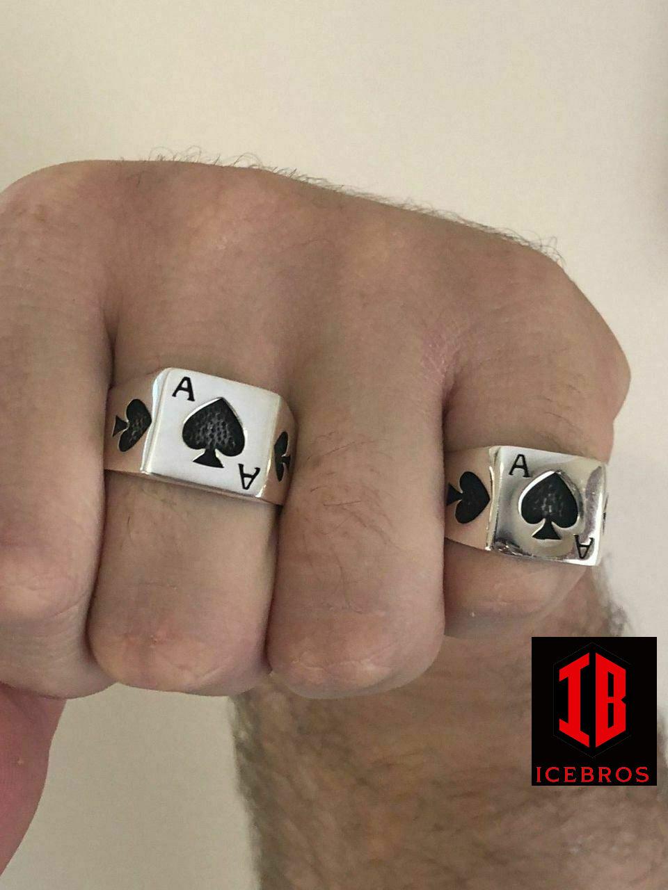 Real 925 Sterling Silver Men Ace Of Spades Ring Lucky Poker Card Hand Size 7-13