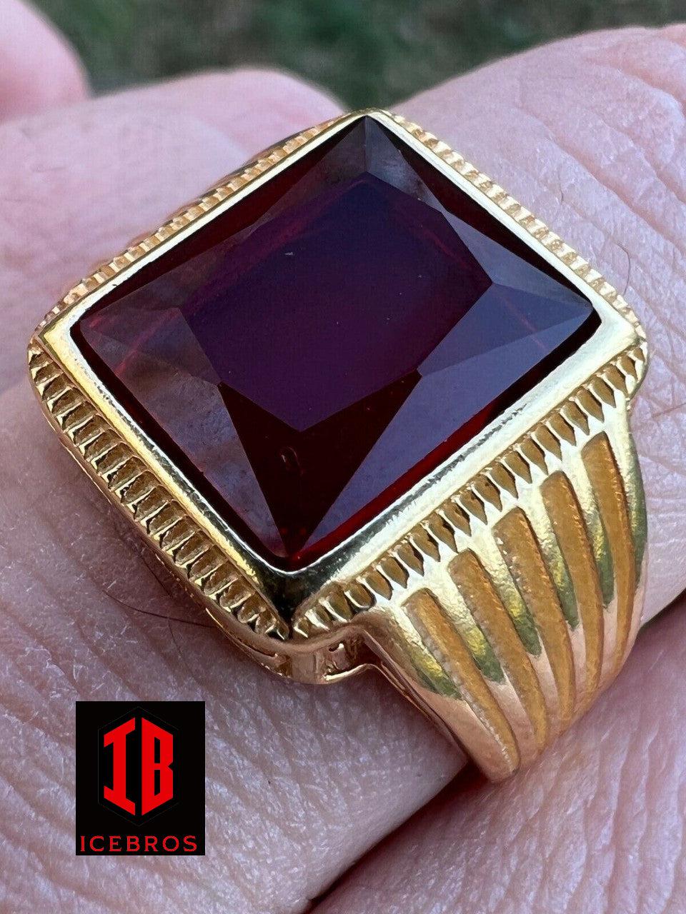 Real Solid 14k Gold Vermeil Over Solid 925 Silver Ruby Red Stone Ring Hip Hop Ice