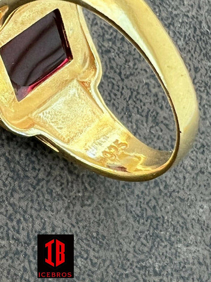 Real Solid 14k Gold Vermeil Over Solid 925 Silver Ruby Red Stone Ring Hip Hop Ice