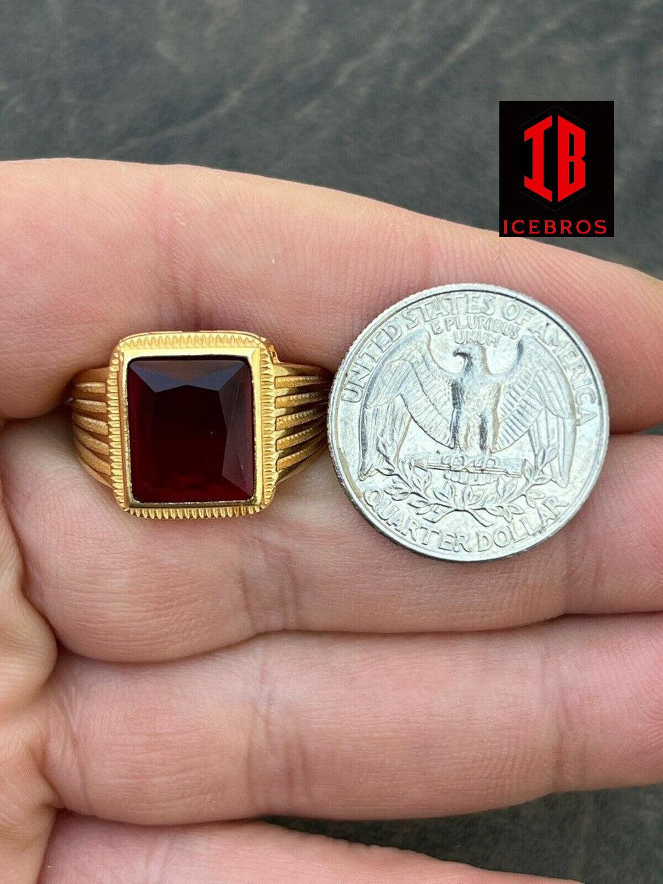 Real Solid 14k Gold Vermeil Over Solid 925 Silver Ruby Red Stone Ring Hip Hop Ice