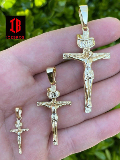 14KT Gold Over Solid 925 Silver Cross Jesus Piece Crucifix Charm Necklace