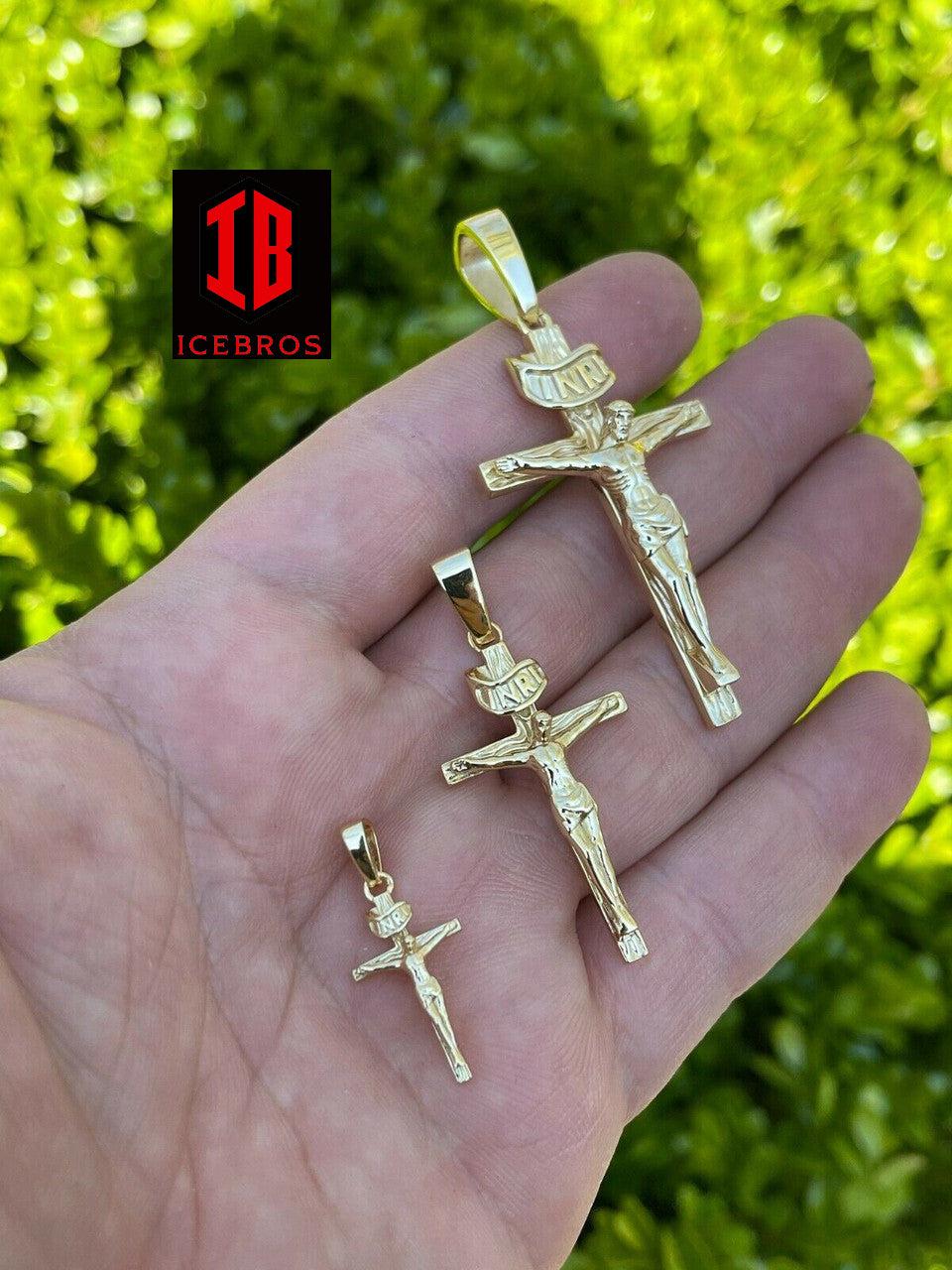 14KT Gold Over Solid 925 Silver Cross Jesus Piece Crucifix Charm Necklace