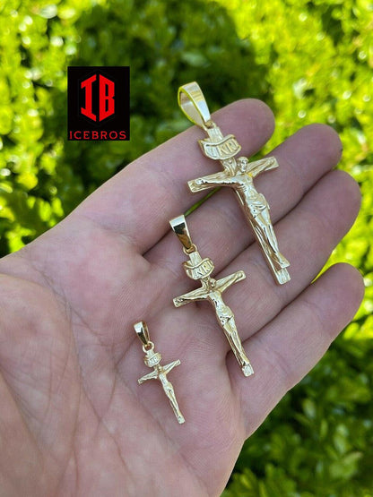 14KT Gold Over Solid 925 Silver Cross Jesus Piece Crucifix Charm Necklace