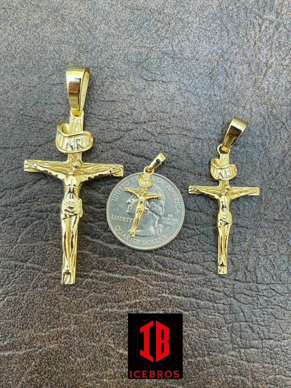 14KT Gold Over Solid 925 Silver Cross Jesus Piece Crucifix Charm Necklace