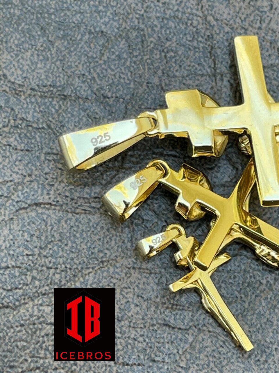 14KT Gold Over Solid 925 Silver Cross Jesus Piece Crucifix Charm Necklace