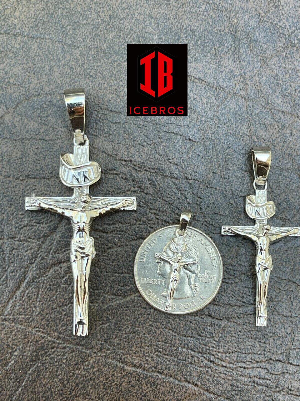 14KT Gold Over Solid 925 Silver Cross Jesus Piece Crucifix Charm Necklace