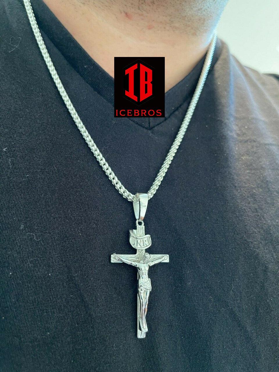 14KT Gold Over Solid 925 Silver Cross Jesus Piece Crucifix Charm Necklace