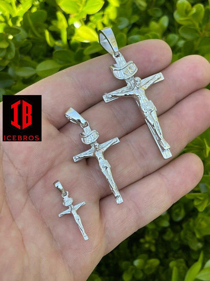 14KT Gold Over Solid 925 Silver Cross Jesus Piece Crucifix Charm Necklace