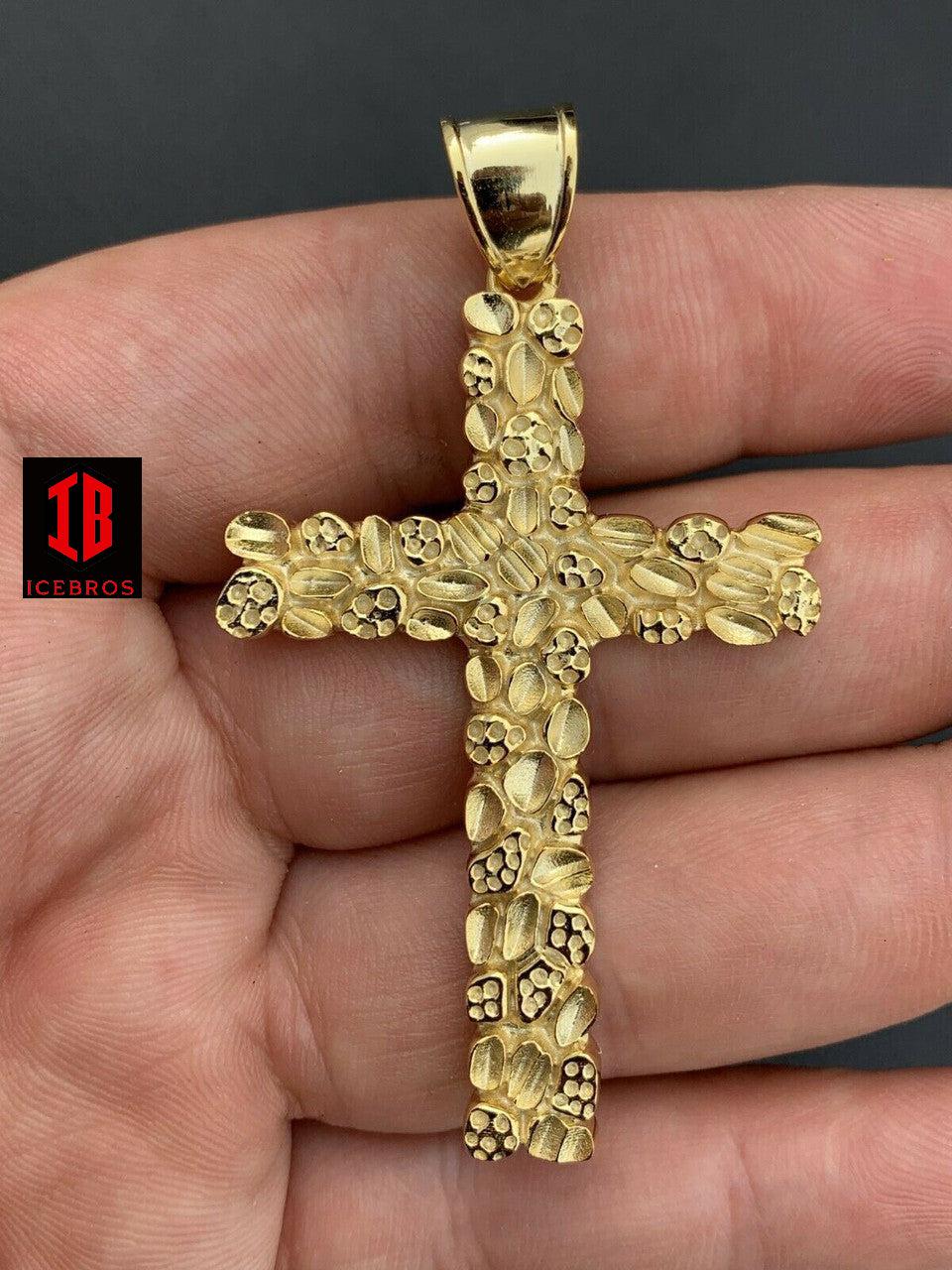 X-Large 2.25inch Gold Nugget Cross 14k Gold Over Solid 925 Silver Necklace Chain