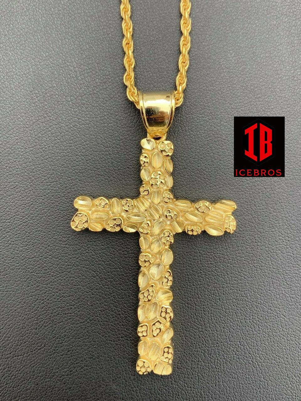 X-Large 2.25inch Gold Nugget Cross 14k Gold Over Solid 925 Silver Necklace Chain