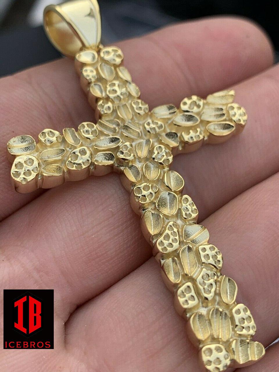 X-Large 2.25inch Gold Nugget Cross 14k Gold Over Solid 925 Silver Necklace Chain