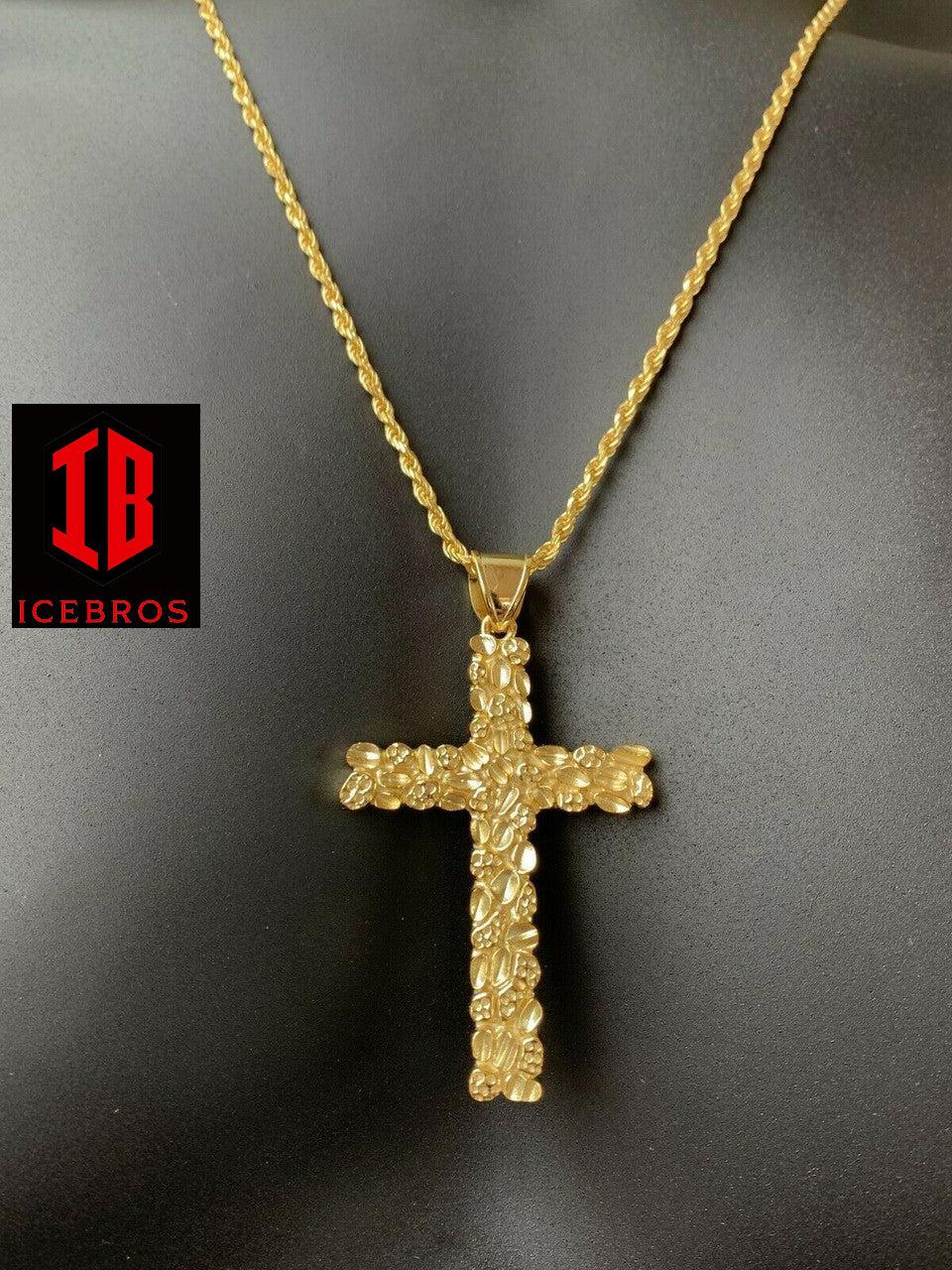 X-Large 2.25inch Gold Nugget Cross 14k Gold Over Solid 925 Silver Necklace Chain