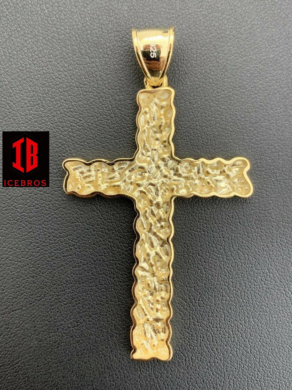 X-Large 2.25inch Gold Nugget Cross 14k Gold Over Solid 925 Silver Necklace Chain