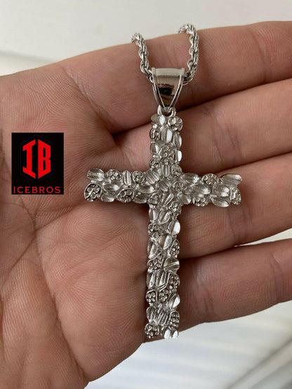 X-Large 2.25inch Gold Nugget Cross 14k Gold Over Solid 925 Silver Necklace Chain