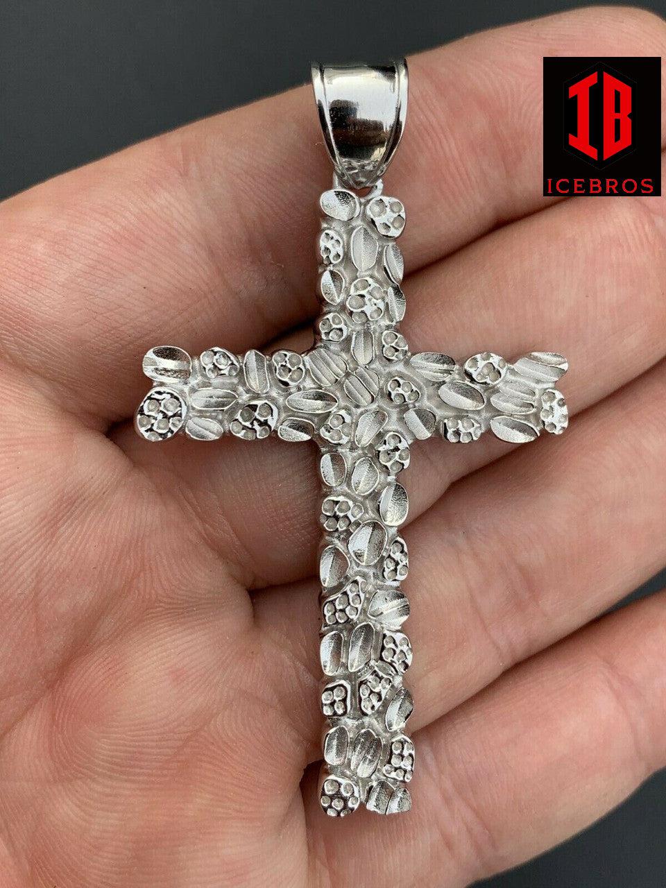 X-Large 2.25inch Gold Nugget Cross 14k Gold Over Solid 925 Silver Necklace Chain