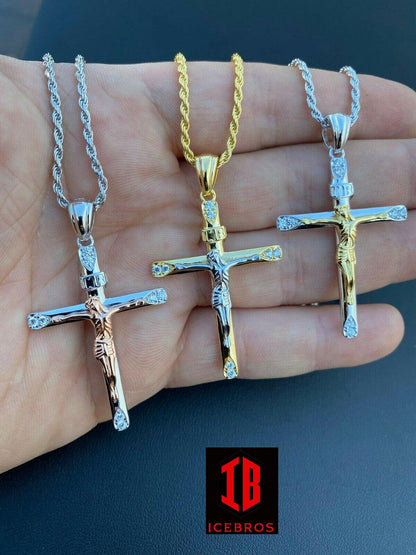 Vermeil Solid 925 Silver Cross + Jesus Pendant Yellow Or Rose Gold Finish Necklace