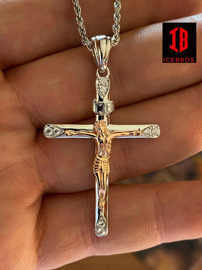 Vermeil Solid 925 Silver Cross + Jesus Pendant Yellow Or Rose Gold Finish Necklace