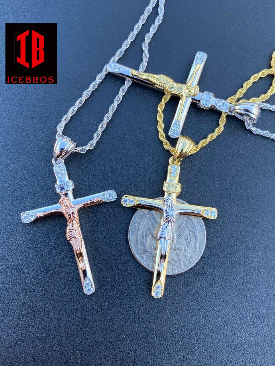 Vermeil Solid 925 Silver Cross + Jesus Pendant Yellow Or Rose Gold Finish Necklace