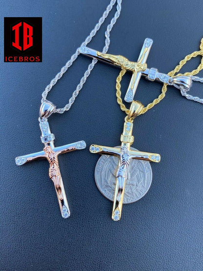 Vermeil Solid 925 Silver Cross + Jesus Pendant Yellow Or Rose Gold Finish Necklace