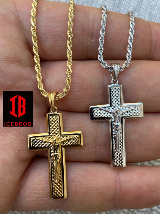 925 Sterling Italian Silver Illusion Jesus Plain 3d Cross Pendant Necklace