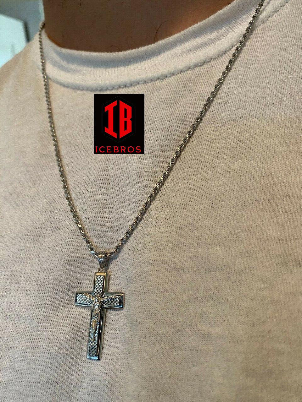 925 Sterling Italian Silver Illusion Jesus Plain 3d Cross Pendant Necklace