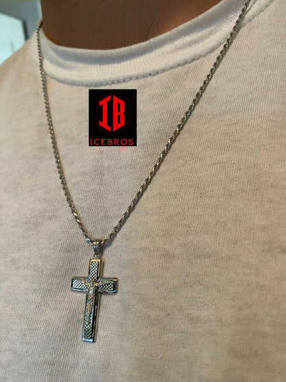 925 Sterling Italian Silver Illusion Jesus Plain 3d Cross Pendant Necklace