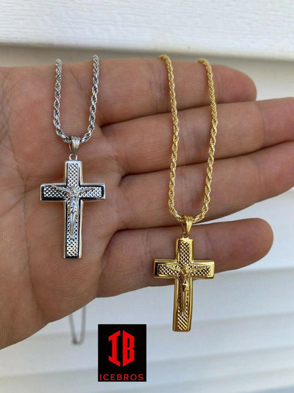 925 Sterling Italian Silver Illusion Jesus Plain 3d Cross Pendant Necklace