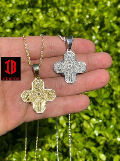 925 Silver Gold Four 4 Sided Catholic Church Cross Pendant Men's Miraculous Necklace