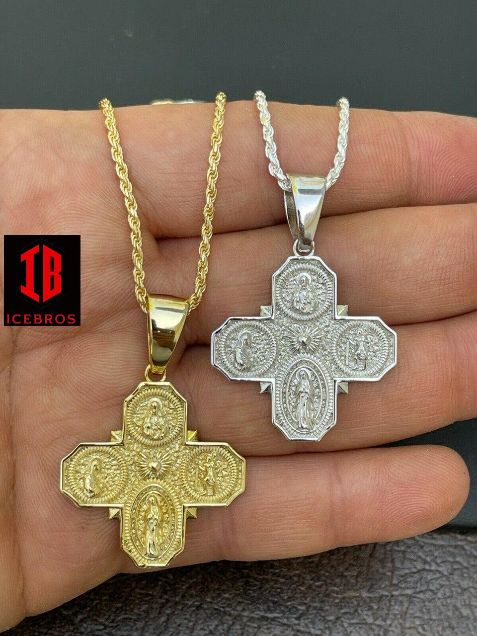 925 Silver Gold Four 4 Sided Catholic Church Cross Pendant Men's Miraculous Necklace