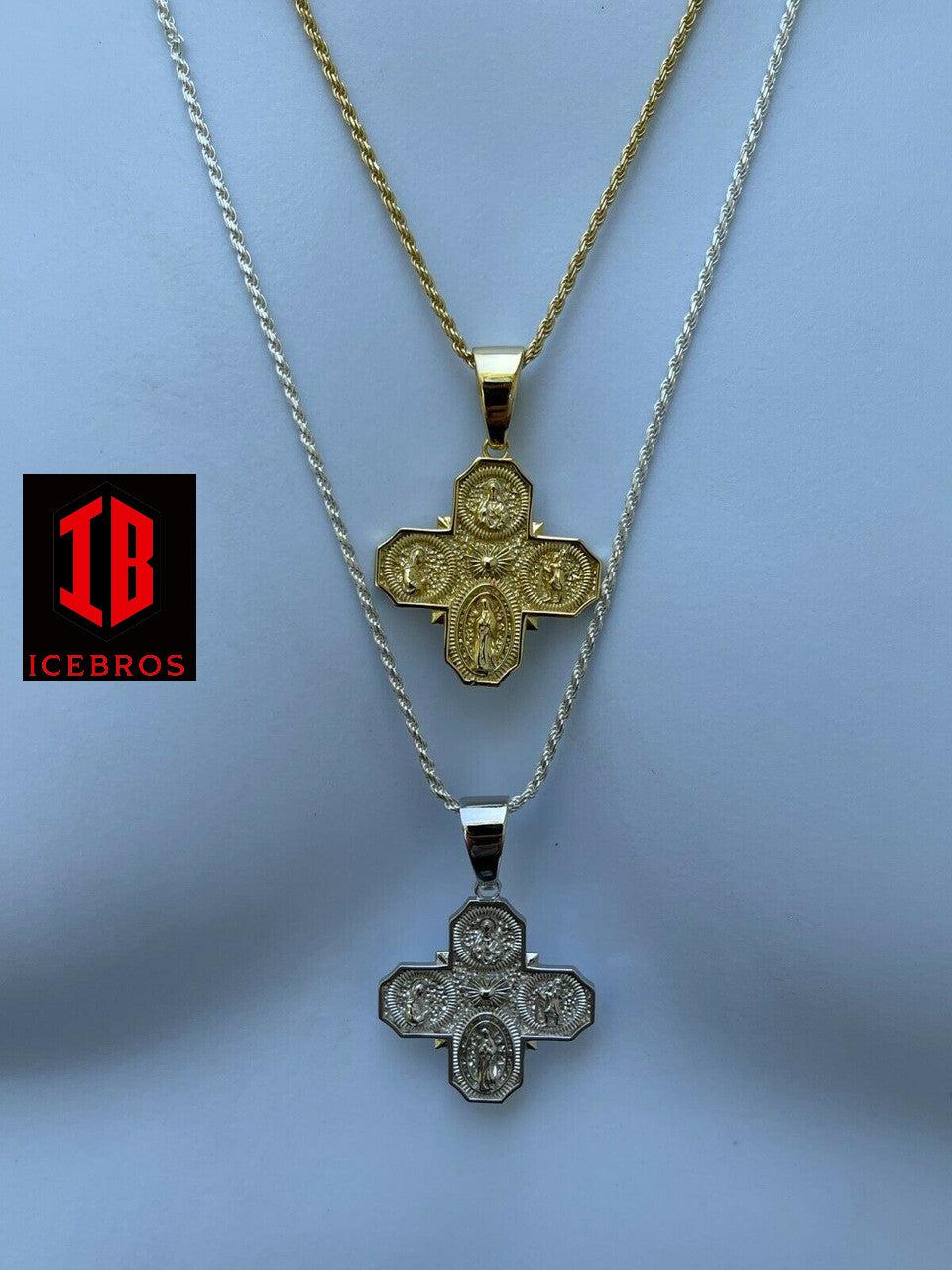 925 Silver Gold Four 4 Sided Catholic Church Cross Pendant Men's Miraculous Necklace