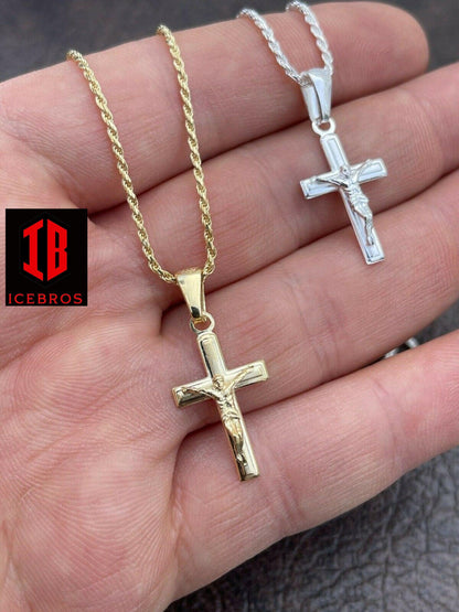 unisex 925 Silver Plain Micro Gold Cross Crucifix Pendant Necklace Small 1inch