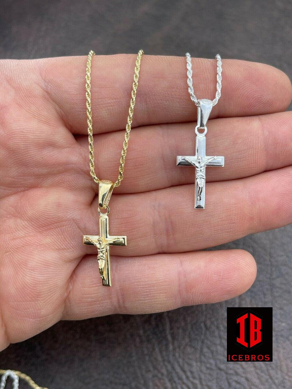 unisex 925 Silver Plain Micro Gold Cross Crucifix Pendant Necklace Small 1inch