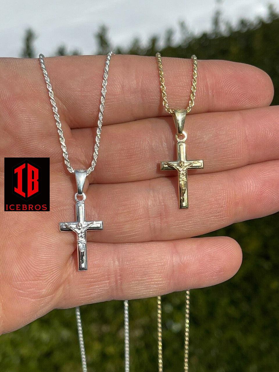 unisex 925 Silver Plain Micro Gold Cross Crucifix Pendant Necklace Small 1inch