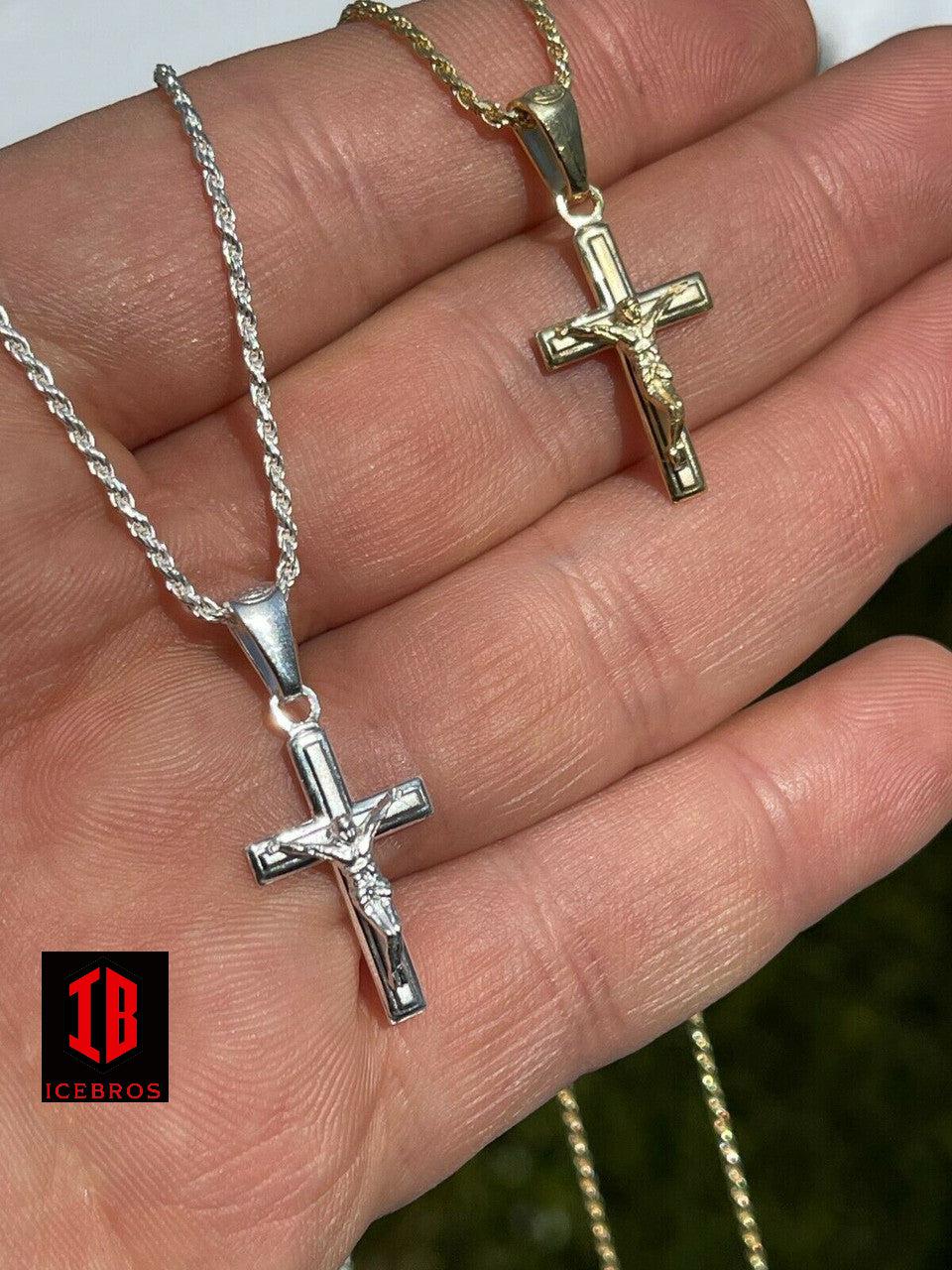 unisex 925 Silver Plain Micro Gold Cross Crucifix Pendant Necklace Small 1inch