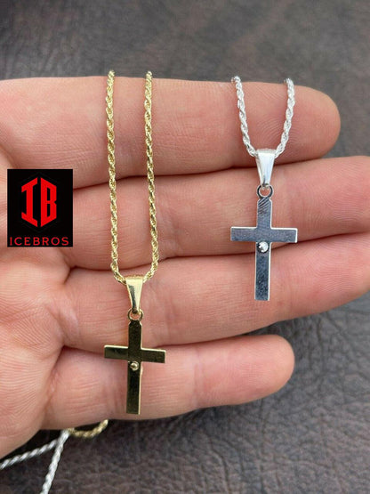 unisex 925 Silver Plain Micro Gold Cross Crucifix Pendant Necklace Small 1inch