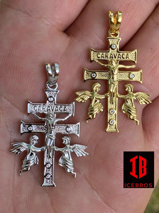 925 Sterling Silver Gold Cruz De Caravaca Cross Pendant 1.5inch Plata Necklace