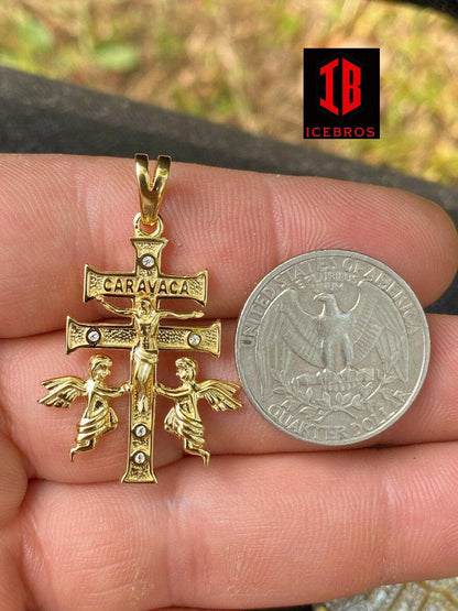 925 Sterling Silver Gold Cruz De Caravaca Cross Pendant 1.5inch Plata Necklace