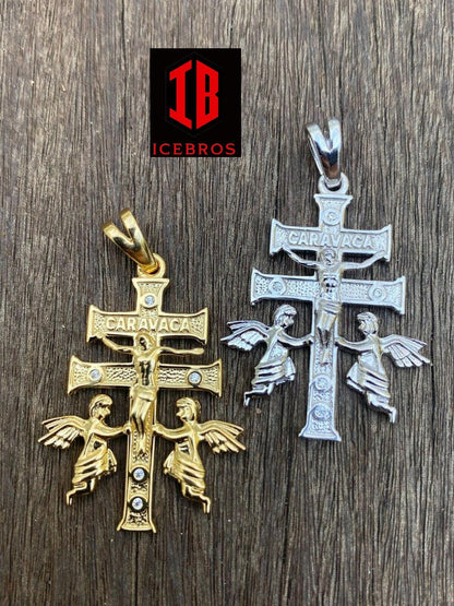 925 Sterling Silver Gold Cruz De Caravaca Cross Pendant 1.5inch Plata Necklace