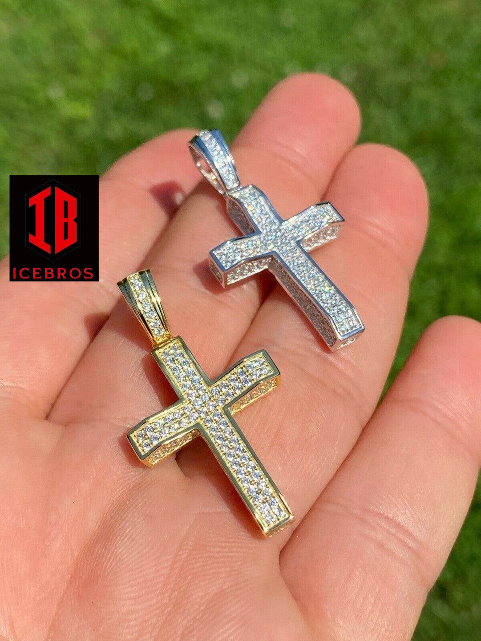 925 Sterling Silver 3D Box Cross Pendant - Gold Hip Hop Necklace (CZ)